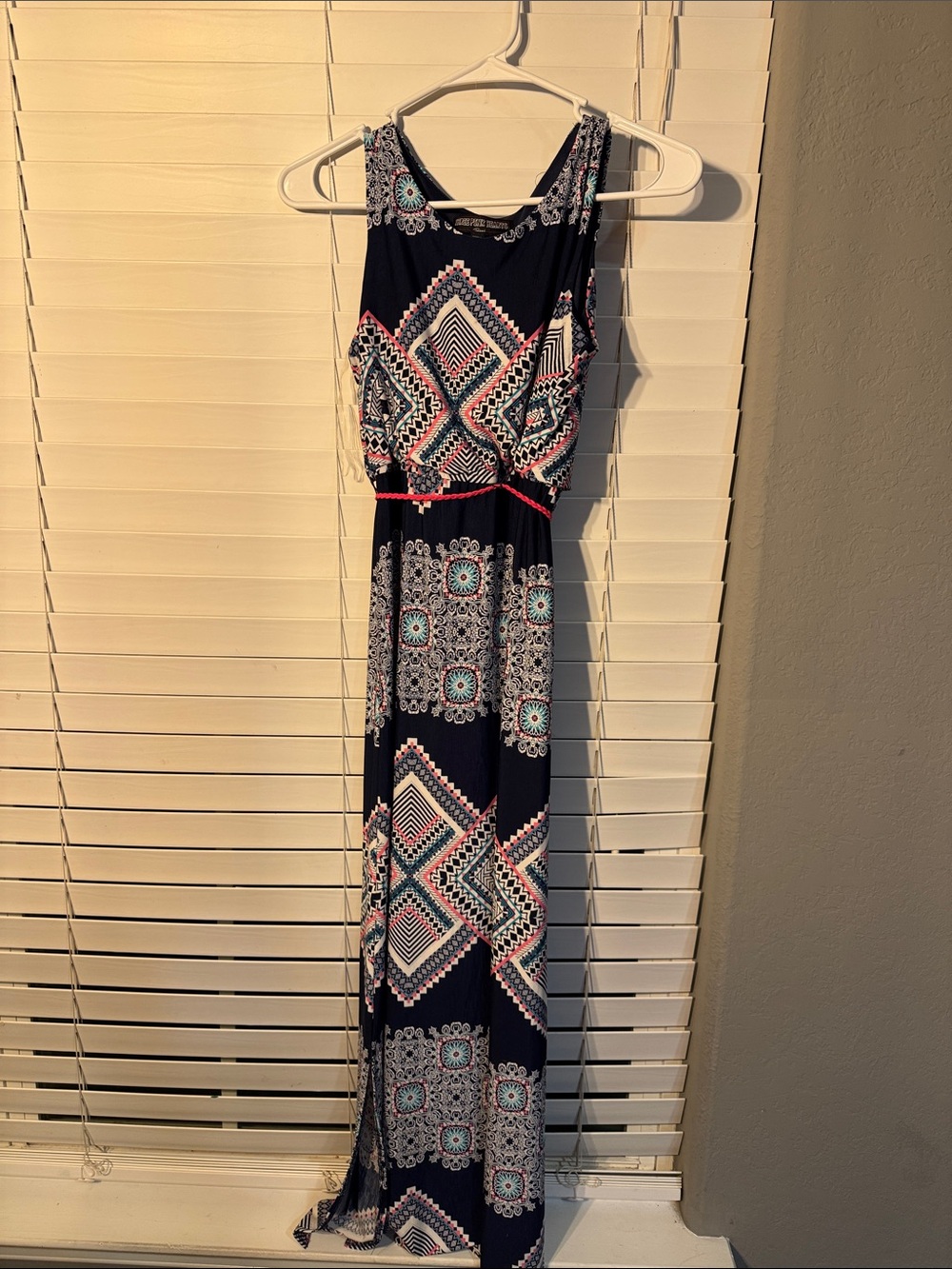 Navy Geometric Print Babydoll Maxi Dress - Sleeveless Casual
